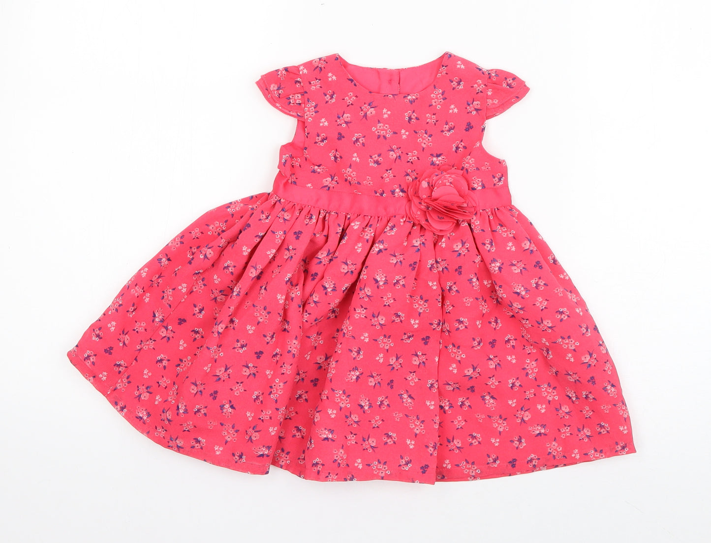 George Girls Pink Floral Polyester Skater Dress  Size 3-6 Months  Round Neck Buckle