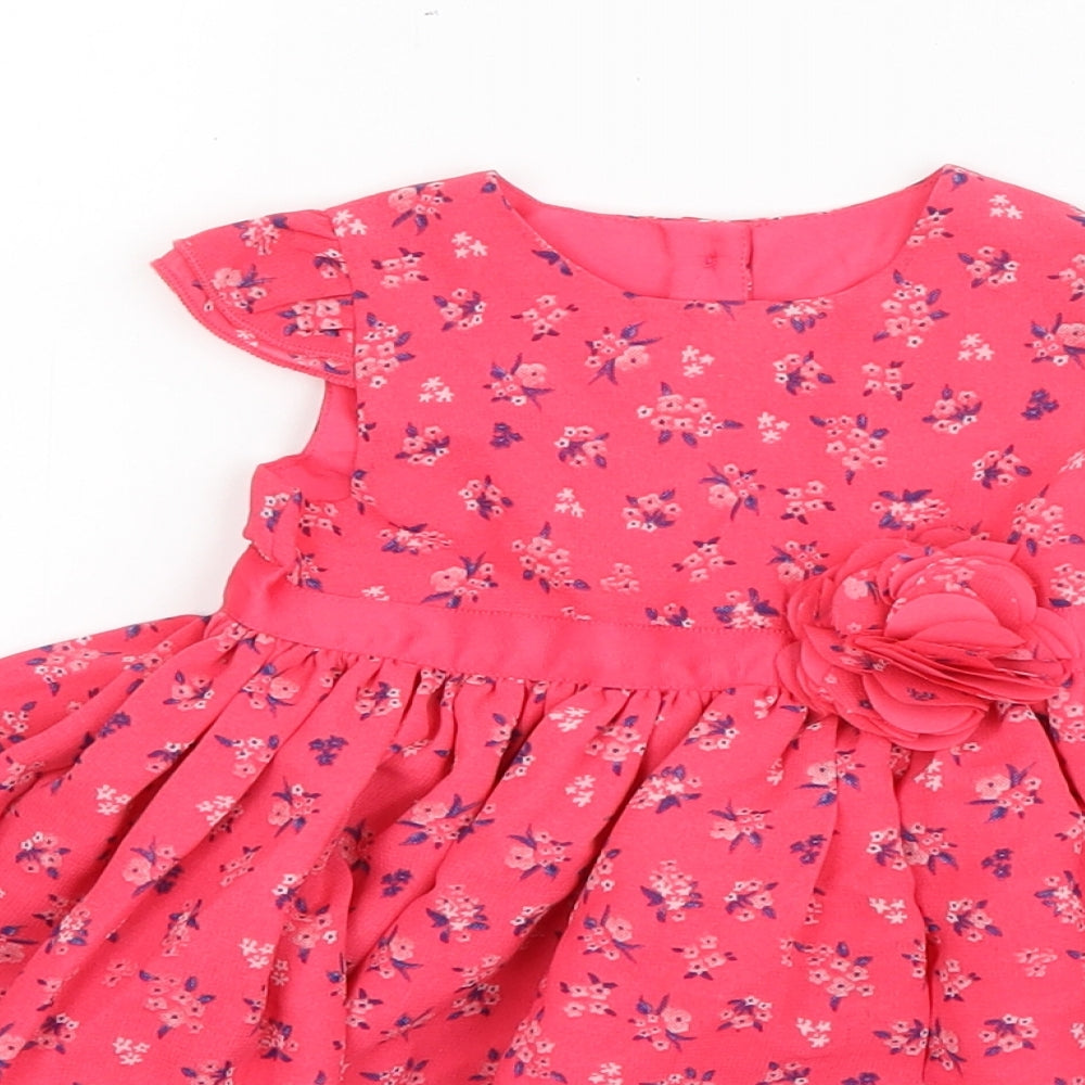 George Girls Pink Floral Polyester Skater Dress  Size 3-6 Months  Round Neck Buckle