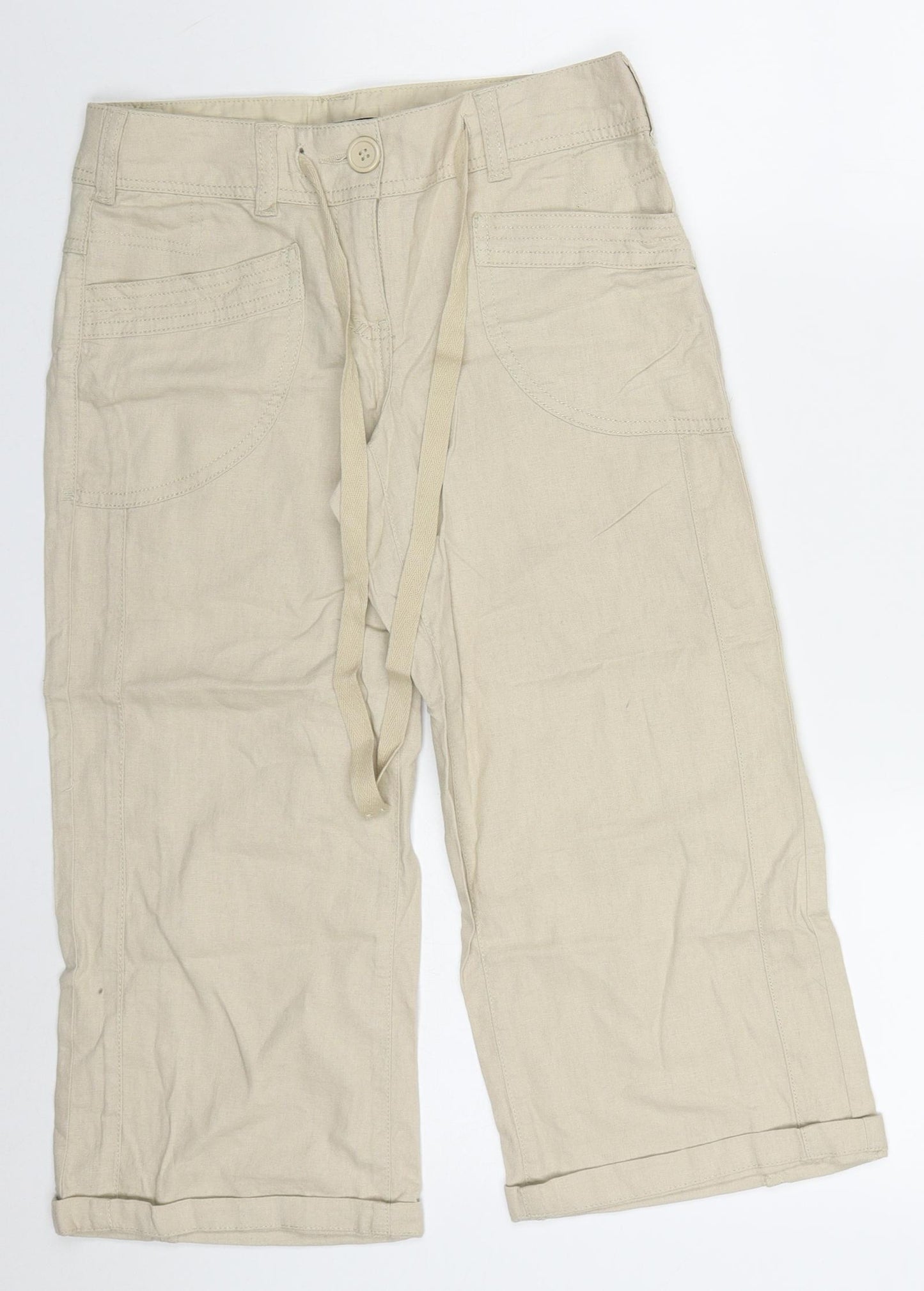 NEXT Womens Beige  Linen Cropped Trousers Size 6 L20 in Regular Button