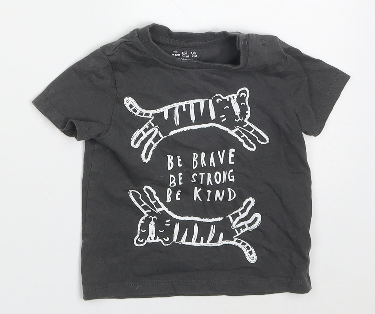 F&F Boys Grey  Cotton Basic T-Shirt Size 9-12 Months Crew Neck Pullover - Tigers Be Strong Brave