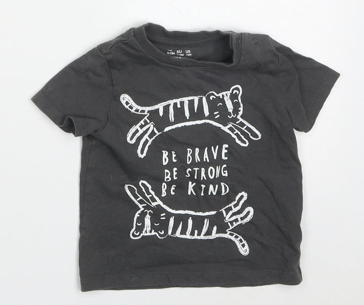 F&F Boys Grey  Cotton Basic T-Shirt Size 9-12 Months Crew Neck Pullover - Tigers Be Strong Brave
