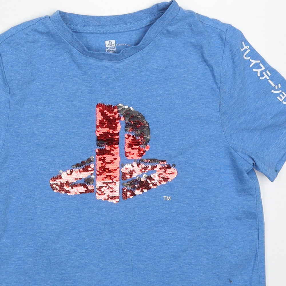 F&F Boys Blue  Polyester Basic T-Shirt Size 9-10 Years Crew Neck Pullover - PlaystatioN