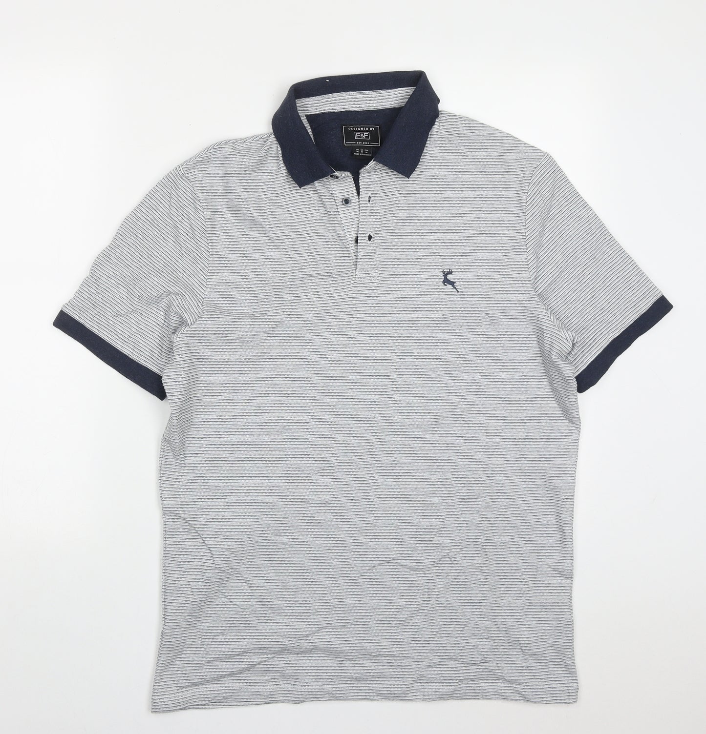 F&F Mens Blue Striped Cotton  Polo Size M Collared Pullover