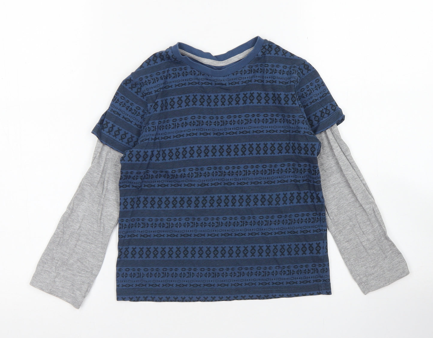 F&F Boys Blue Fair Isle Cotton Basic T-Shirt Size 5-6 Years Crew Neck