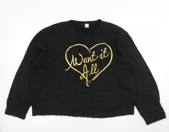 Divided Womens Black Crew Neck Polyester Pullover Jumper Size S