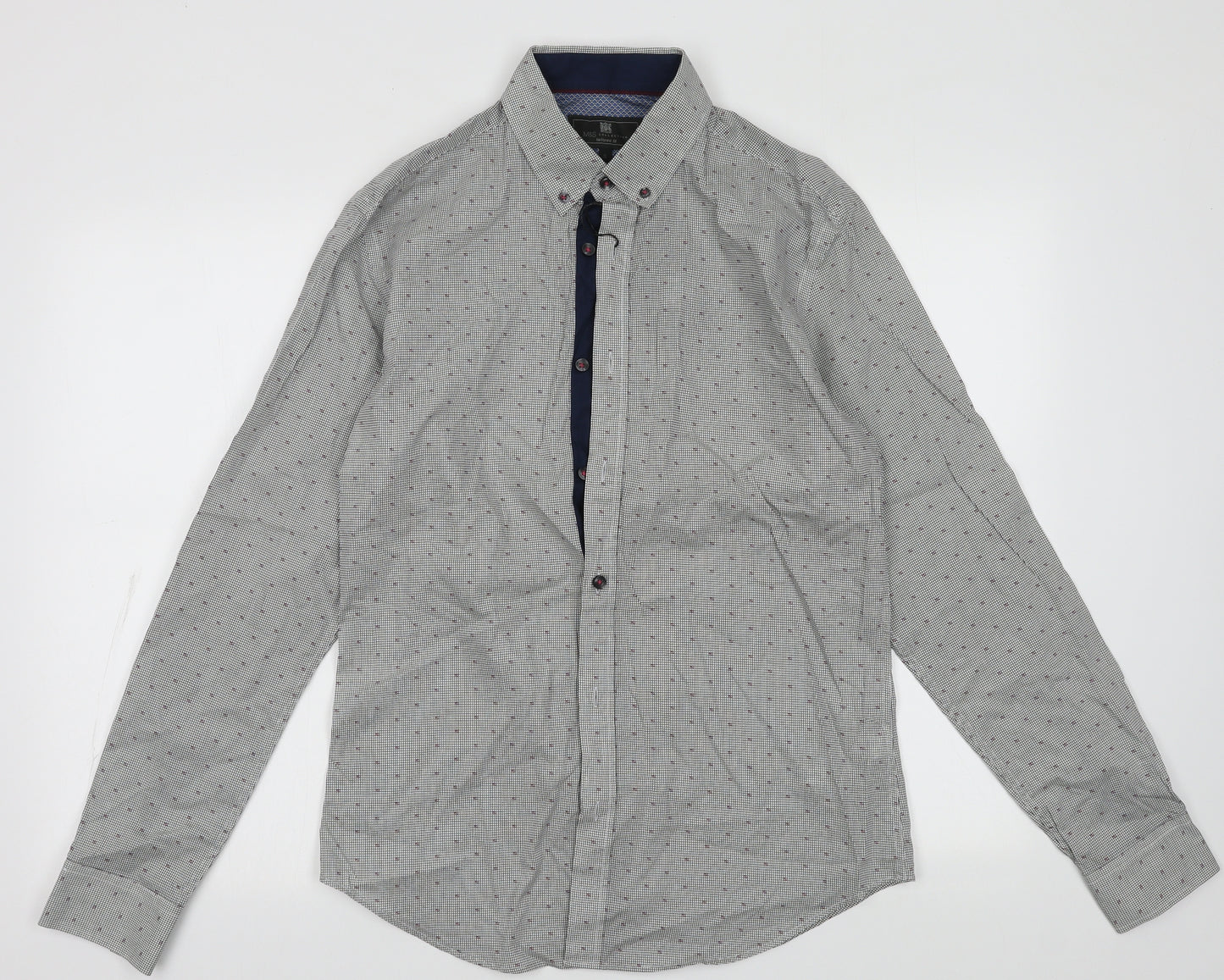 Marks and Spencer Mens Blue Geometric Cotton  Button-Up Size S Collared Button