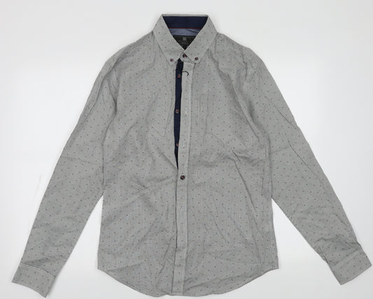 Front view of Marks & Spencer men’s blue geometric cotton button-up, size S, collared button