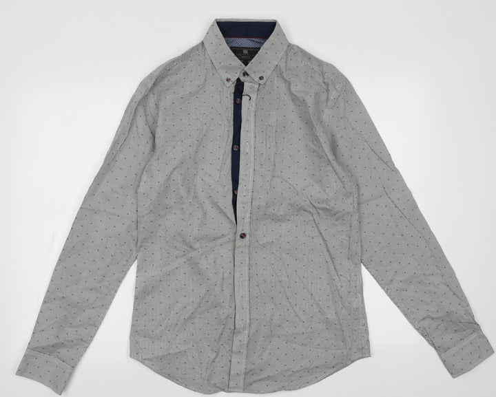 Marks and Spencer Mens Blue Geometric Cotton  Button-Up Size S Collared Button