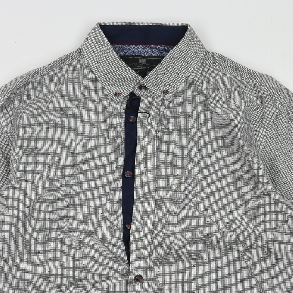 Marks and Spencer Mens Blue Geometric Cotton  Button-Up Size S Collared Button