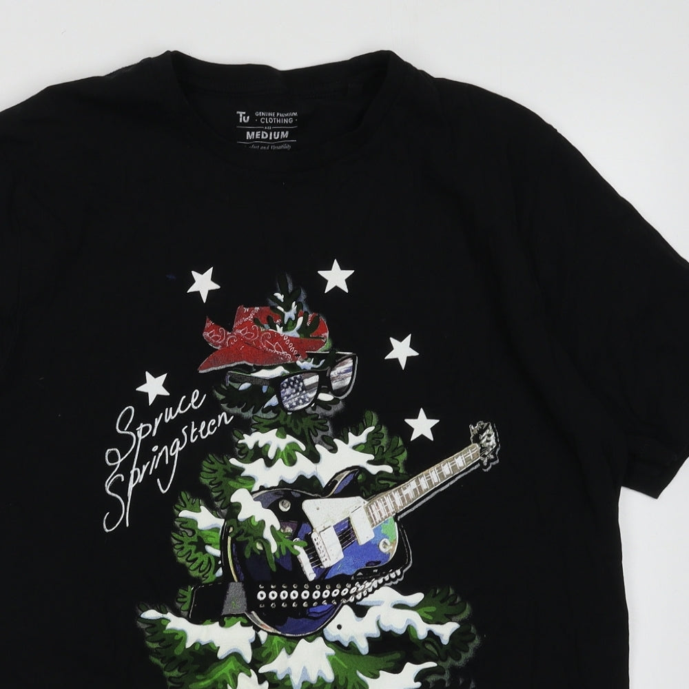 sainsburys Mens Black  Cotton  T-Shirt Size M Crew Neck  - Christmas