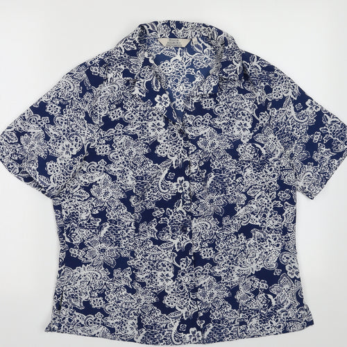 EWM Womens Blue Geometric Polyester Basic Button-Up Size 12 Collared