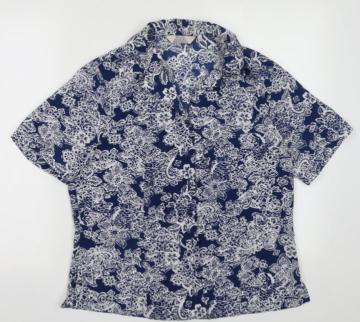 EWM Womens Blue Geometric Polyester Basic Button-Up Size 12 Collared