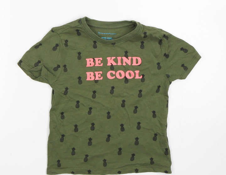 primarks  Girls Green Geometric Cotton Basic T-Shirt Size 2-3 Years Crew Neck Pullover - be kind be cool