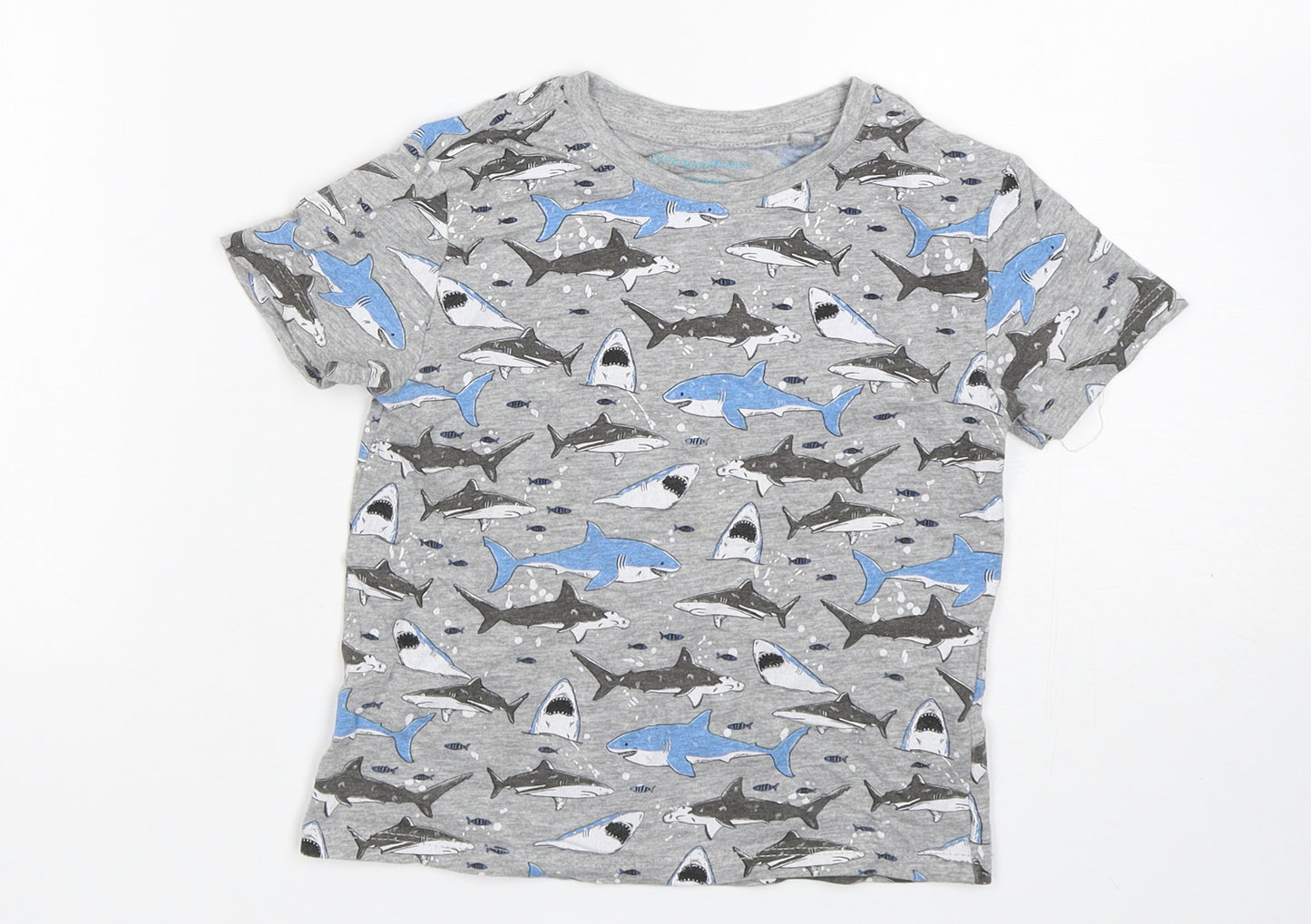 Primark Boys Grey Geometric Cotton Pullover T-Shirt Size 2-3 Years Crew Neck Pullover - shark