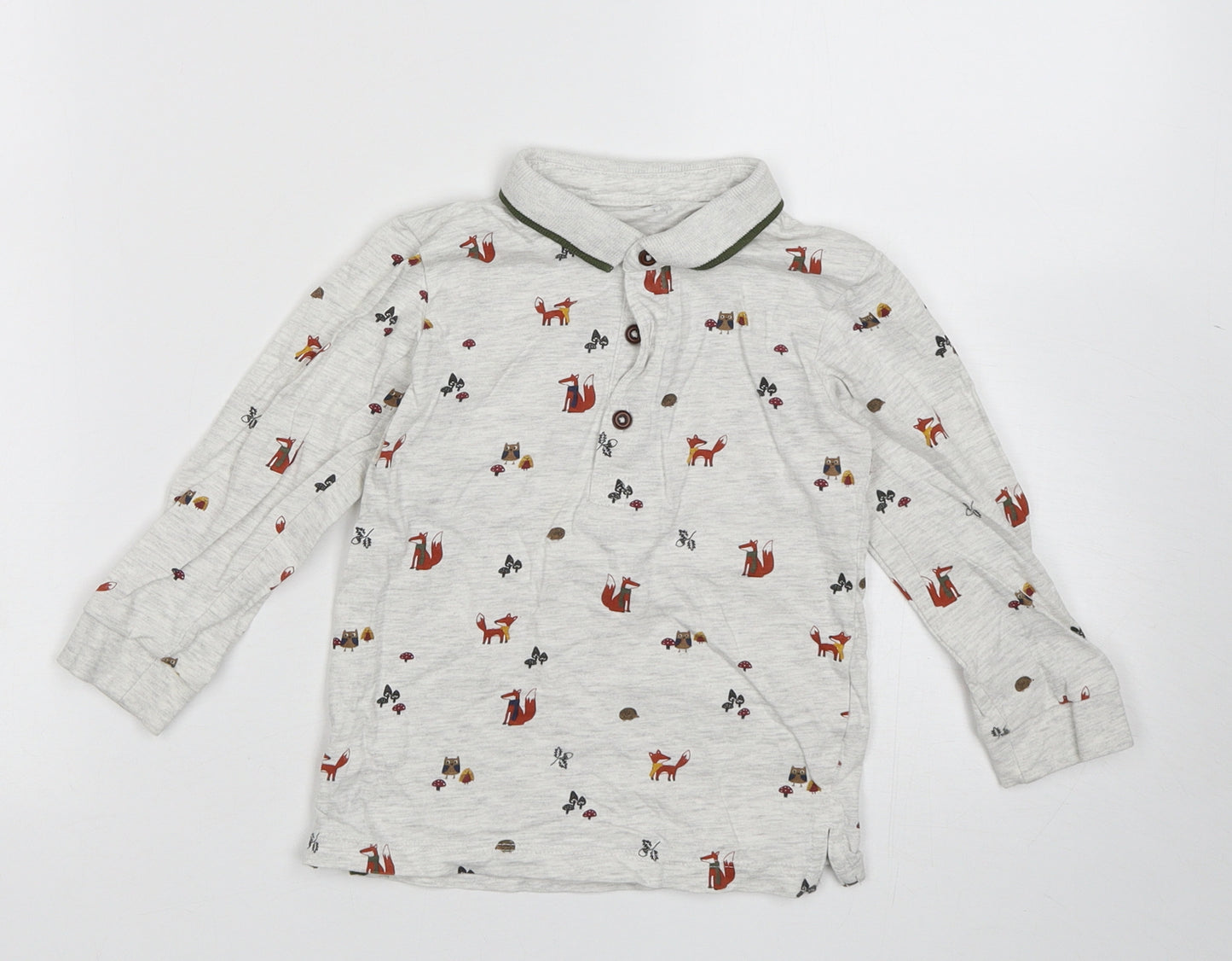 Matalan Boys Grey Animal Print Cotton Basic Polo Size 2-3 Years Collared Button - fox