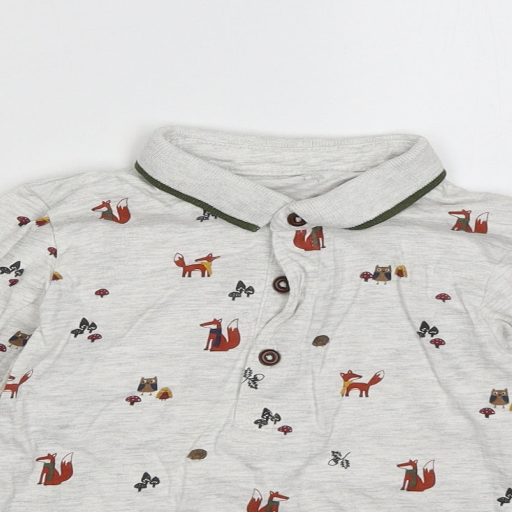 Matalan Boys Grey Animal Print Cotton Basic Polo Size 2-3 Years Collared Button - fox