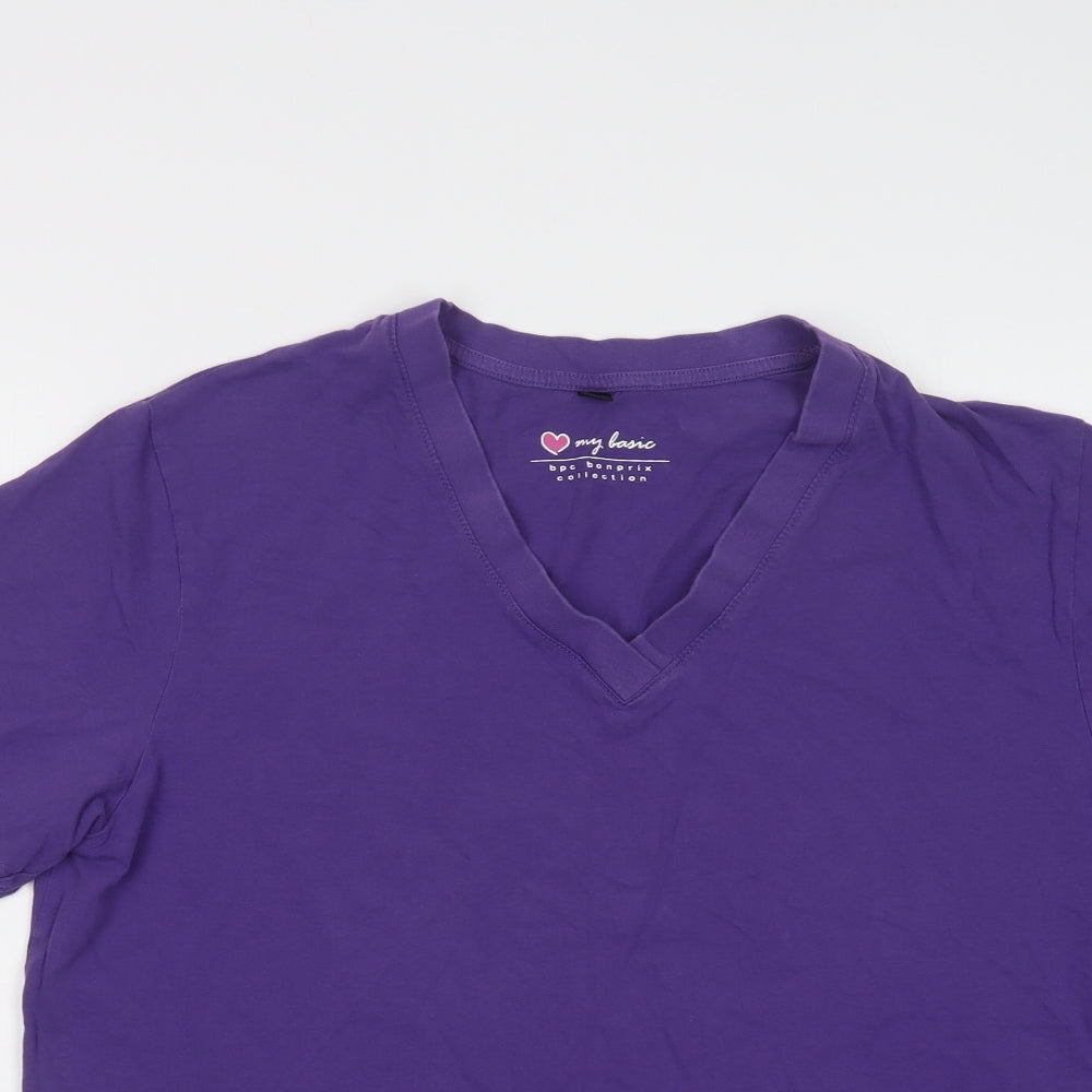 bonprix Womens Purple  Cotton Basic T-Shirt Size M V-Neck