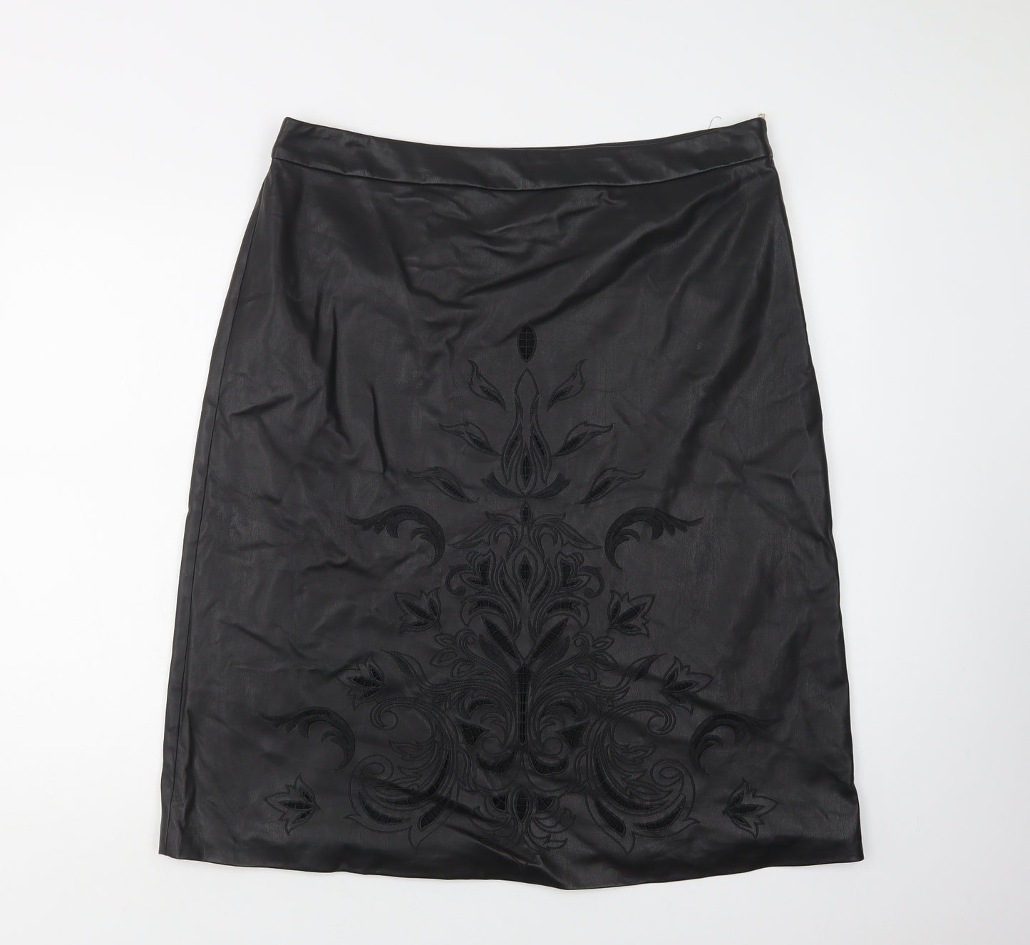 Per Una Womens Black  Polyurethane A-Line Skirt Size 18   Zip - Faux Leather
