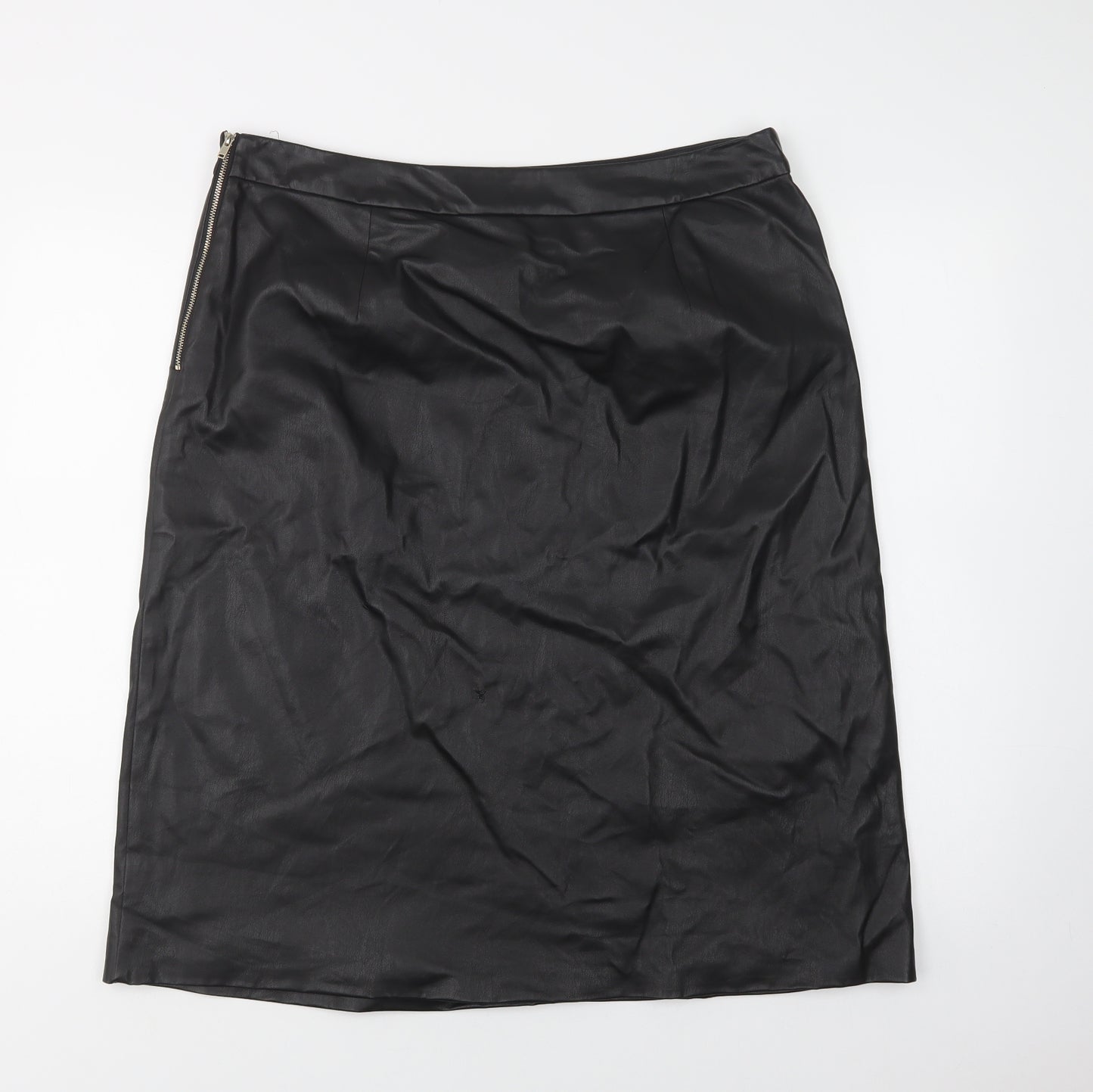 Per Una Womens Black  Polyurethane A-Line Skirt Size 18   Zip - Faux Leather