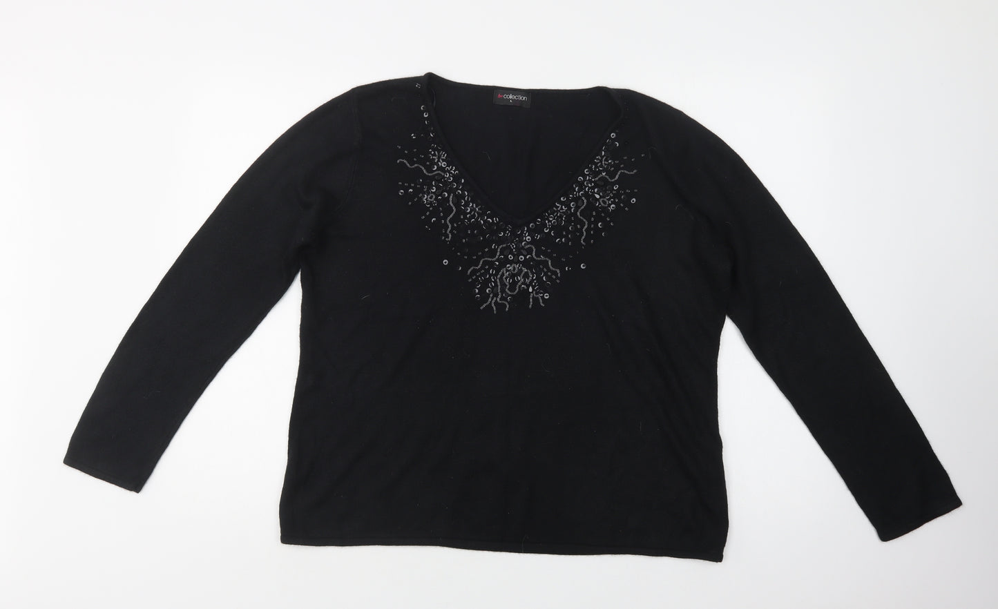Bm Collection Womens Black V-Neck  Acrylic Pullover Jumper Size L
