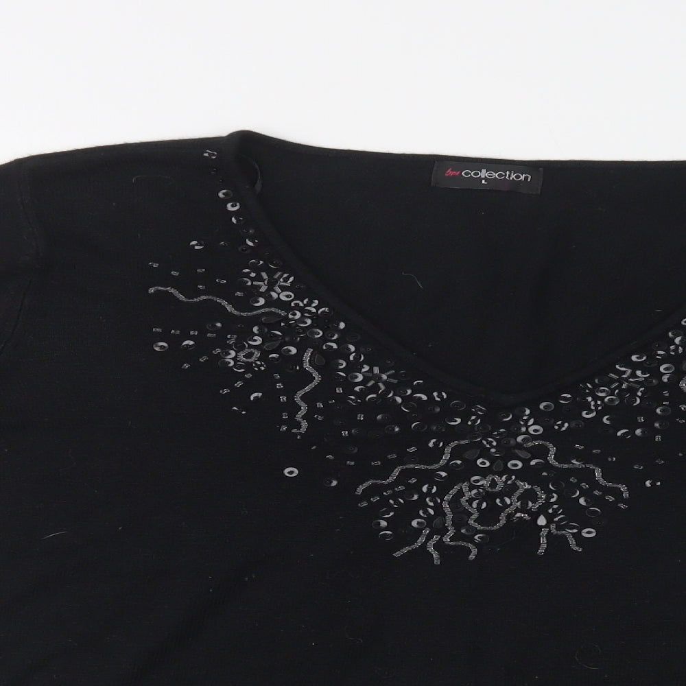 Bm Collection Womens Black V-Neck  Acrylic Pullover Jumper Size L