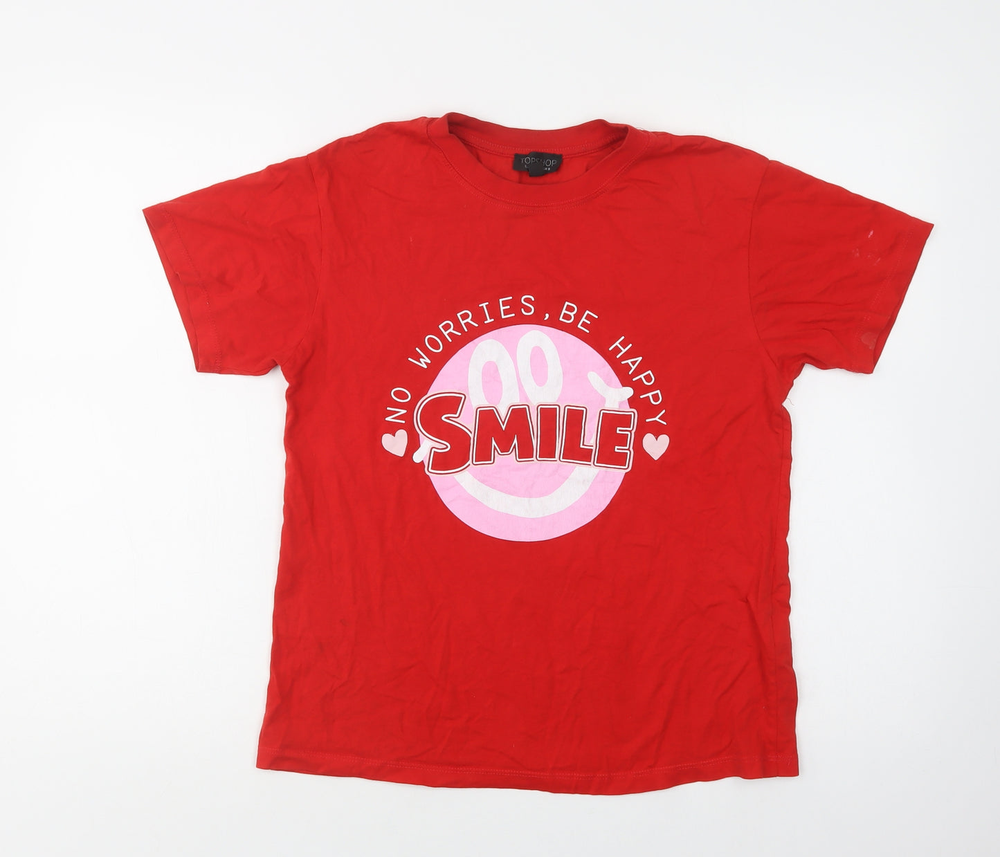 Topshop Womens Red  Cotton Basic T-Shirt Size 8 Crew Neck - Smile