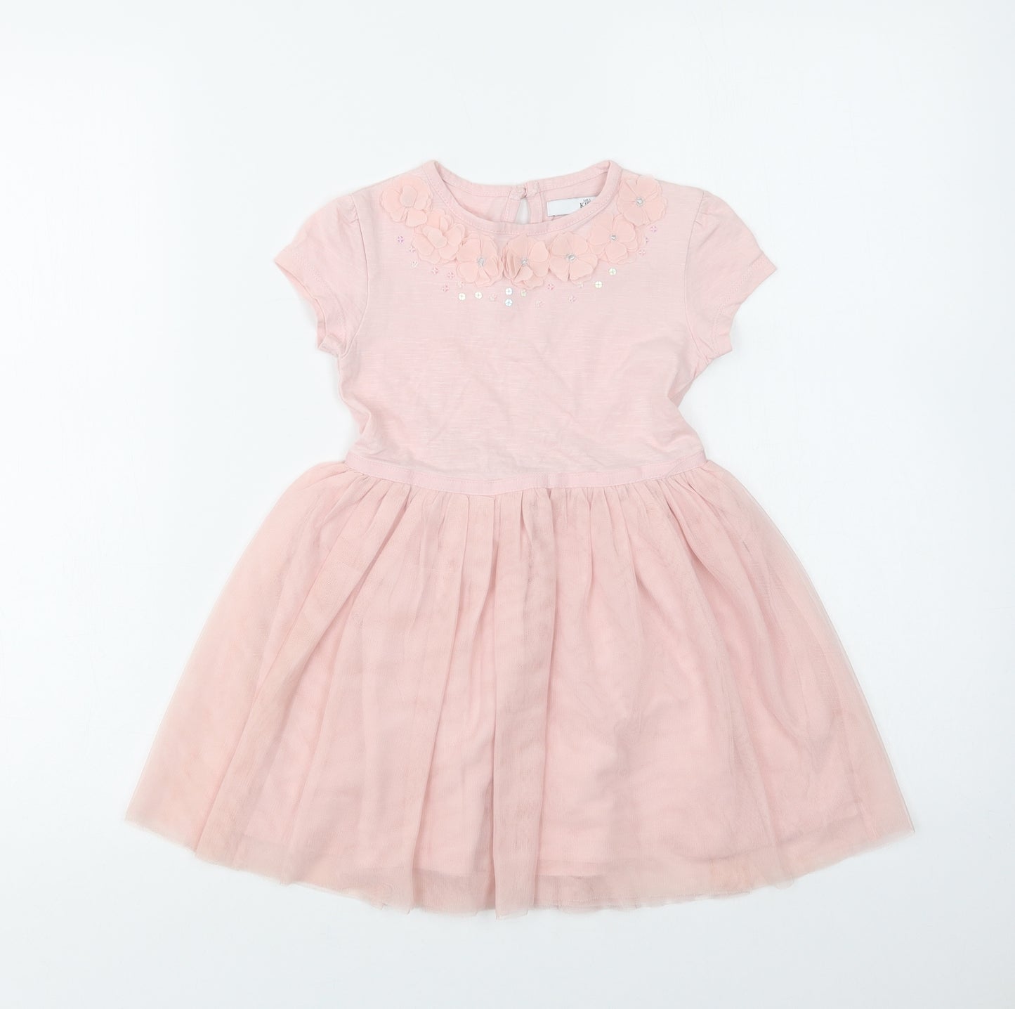 M&S Girls Pink  Cotton Fit & Flare  Size 3-4 Years  Crew Neck Button - Flower Detail