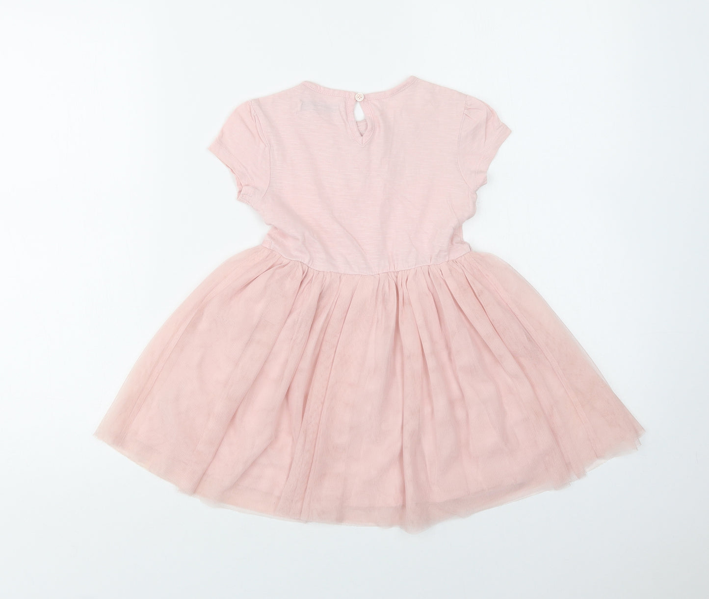 M&S Girls Pink  Cotton Fit & Flare  Size 3-4 Years  Crew Neck Button - Flower Detail