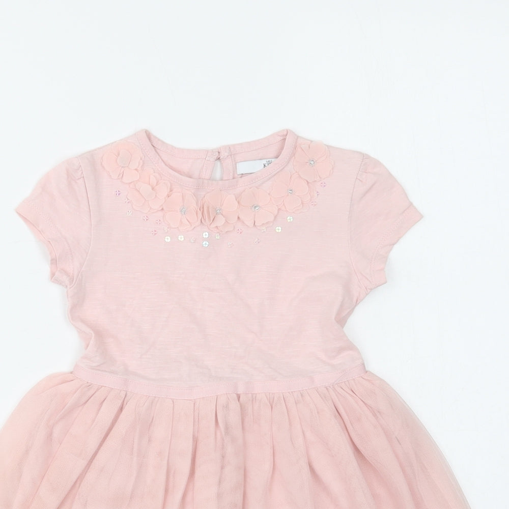 M&S Girls Pink  Cotton Fit & Flare  Size 3-4 Years  Crew Neck Button - Flower Detail