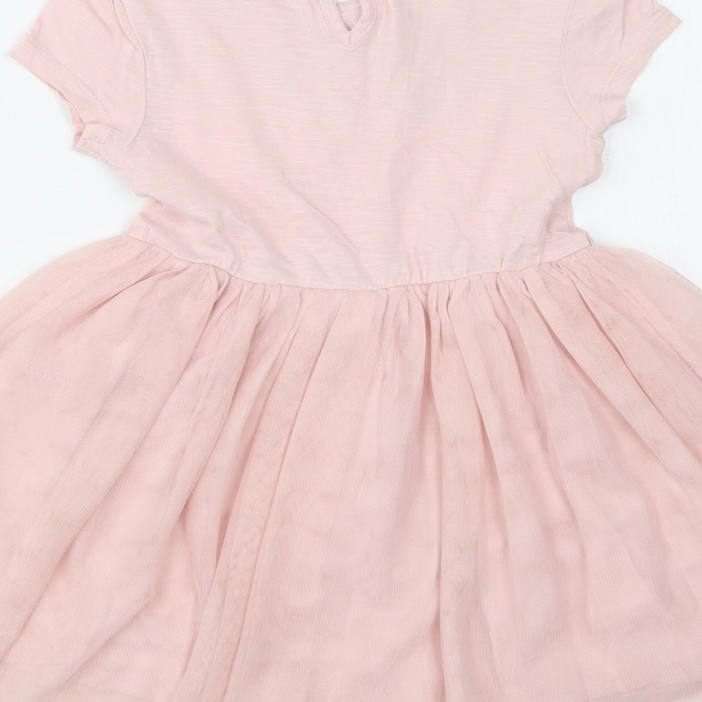M&S Girls Pink  Cotton Fit & Flare  Size 3-4 Years  Crew Neck Button - Flower Detail