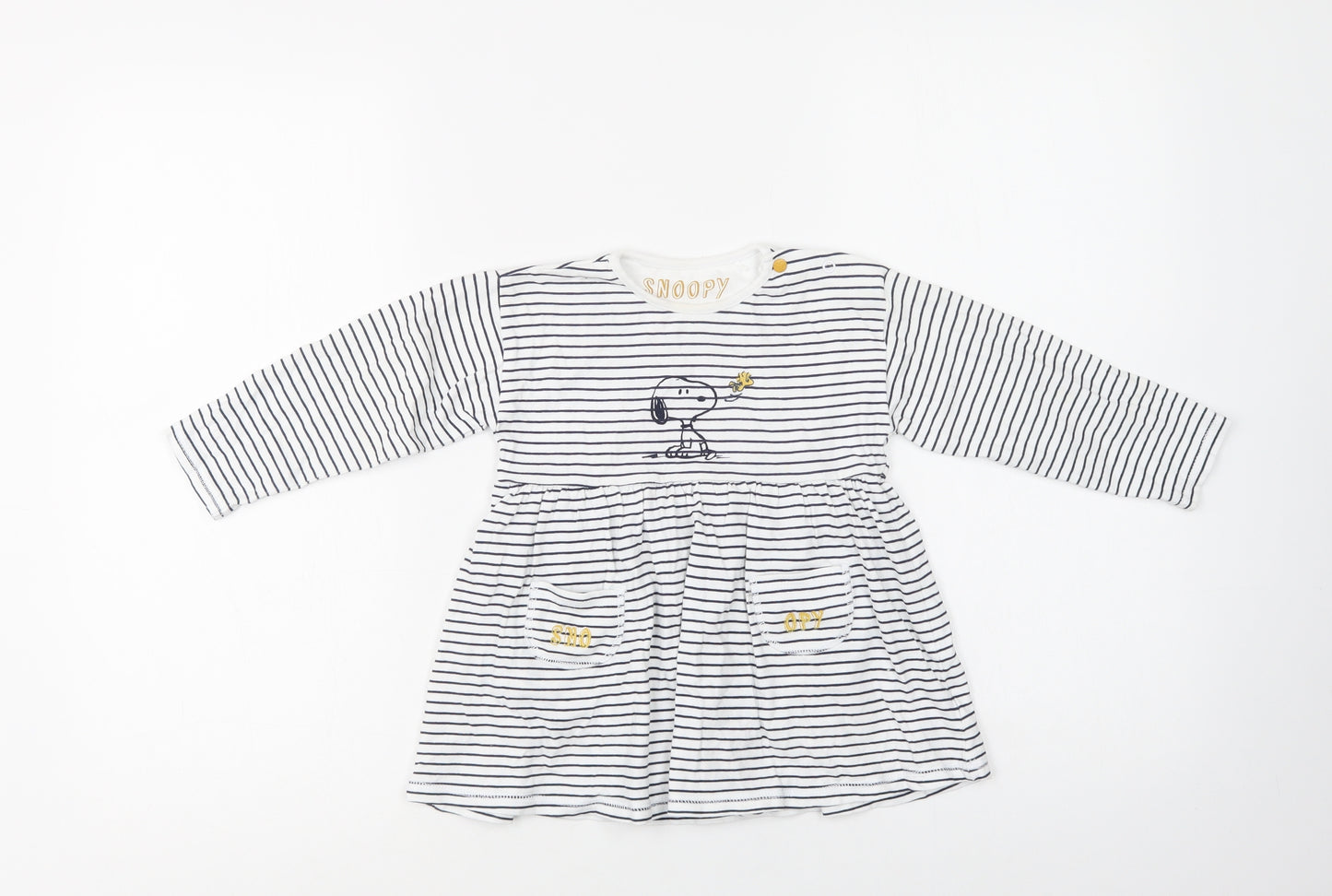 Mothercare Baby White Striped Cotton Fit & Flare  Size 12-18 Months  Crew Neck Snap - Snoopy