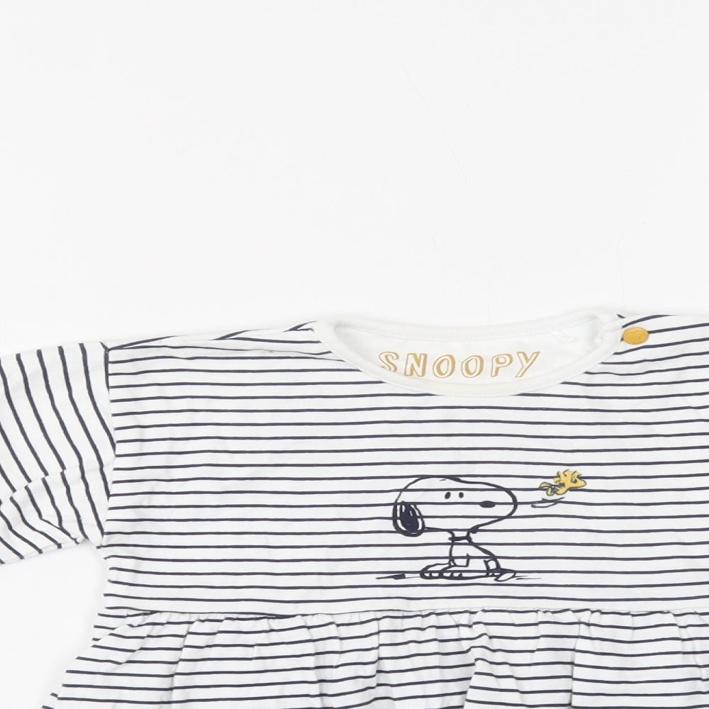 Mothercare Baby White Striped Cotton Fit & Flare  Size 12-18 Months  Crew Neck Snap - Snoopy