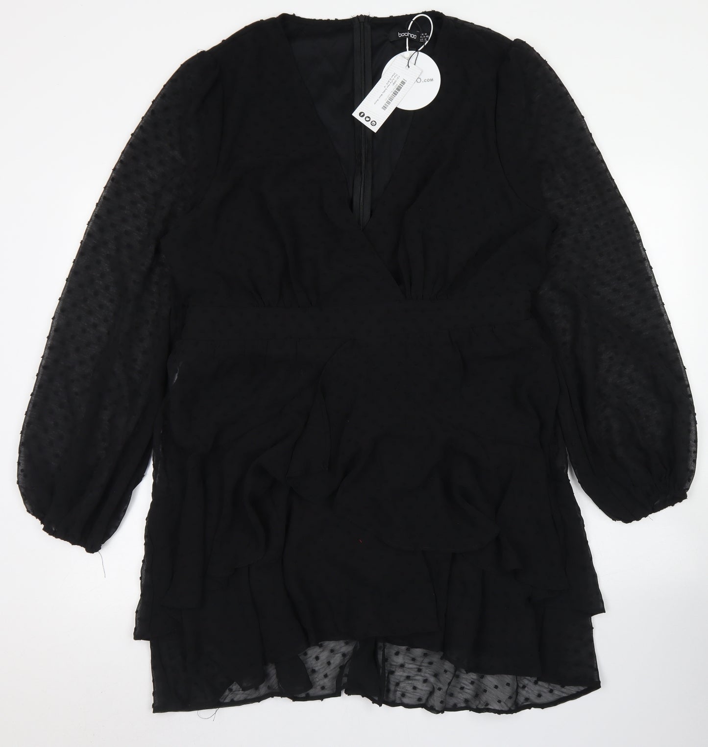 Boohoo Womens Black Polka Dot Polyester Skater Dress  Size 18  V-Neck Zip