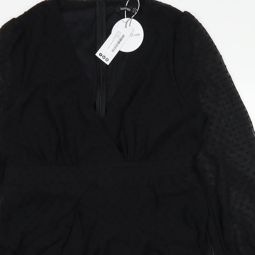 Boohoo Womens Black Polka Dot Polyester Skater Dress  Size 18  V-Neck Zip