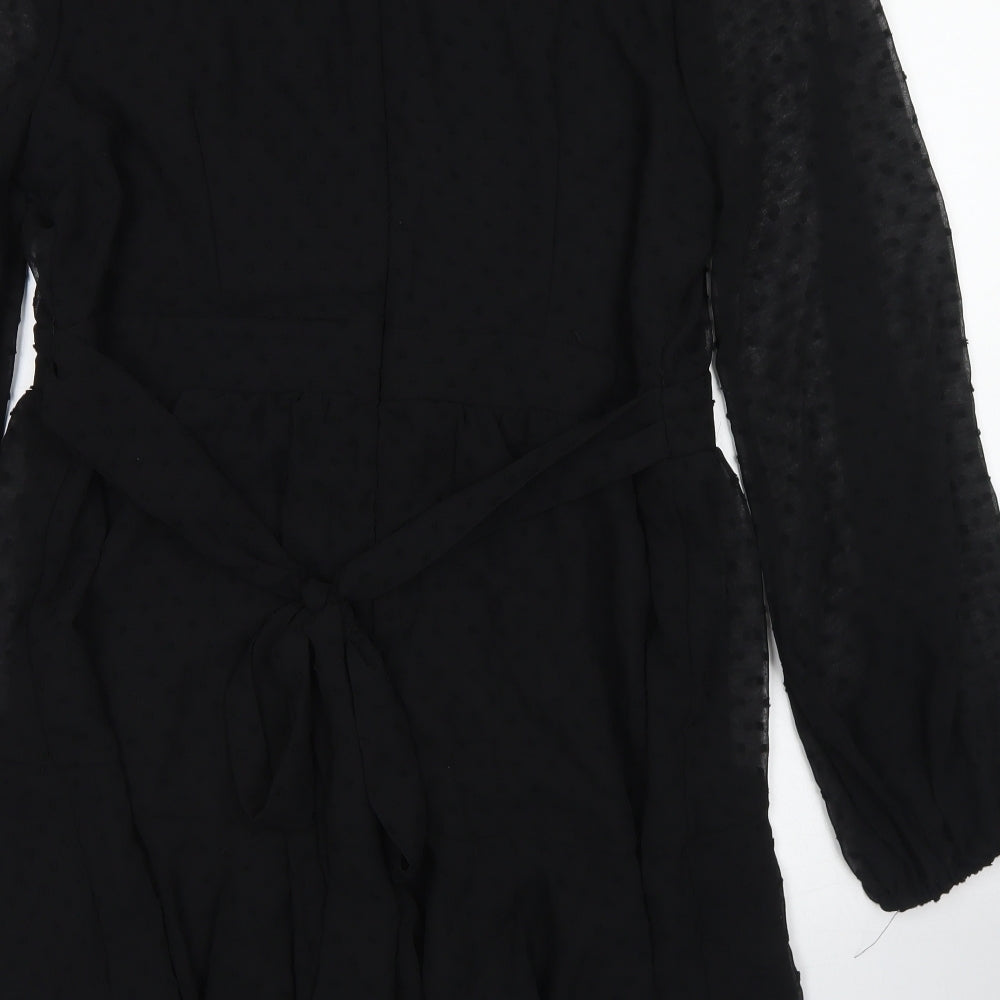 Boohoo Womens Black Polka Dot Polyester Skater Dress  Size 18  V-Neck Zip