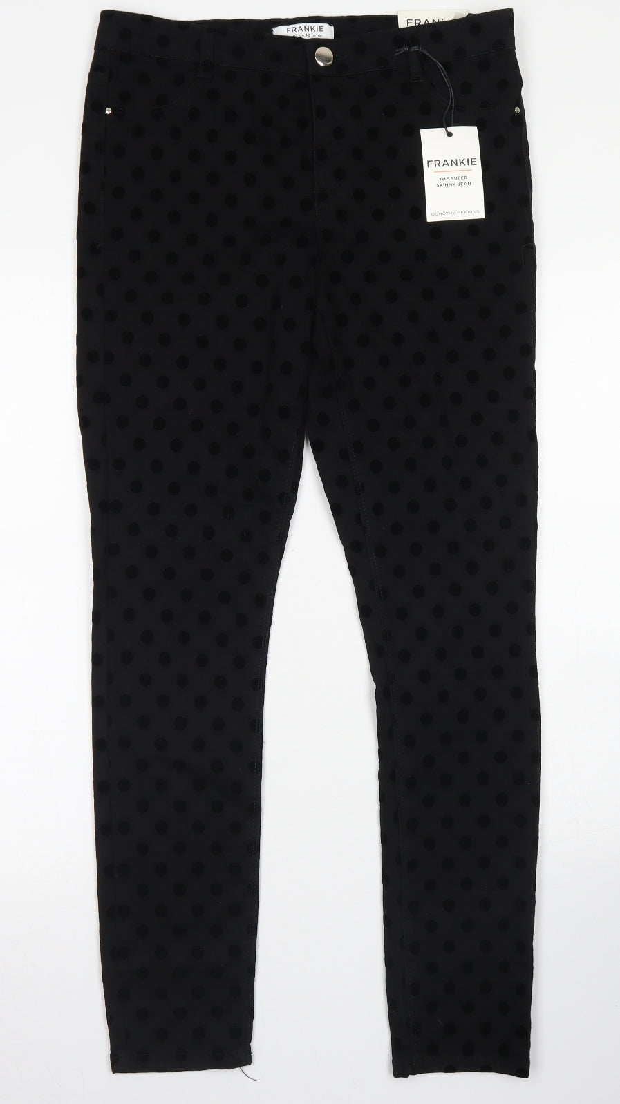 Dorothy Perkins Womens Black Polka Dot Cotton Skinny Jeans Size 14 L29 in Regular Button - Frankie Style Jeans