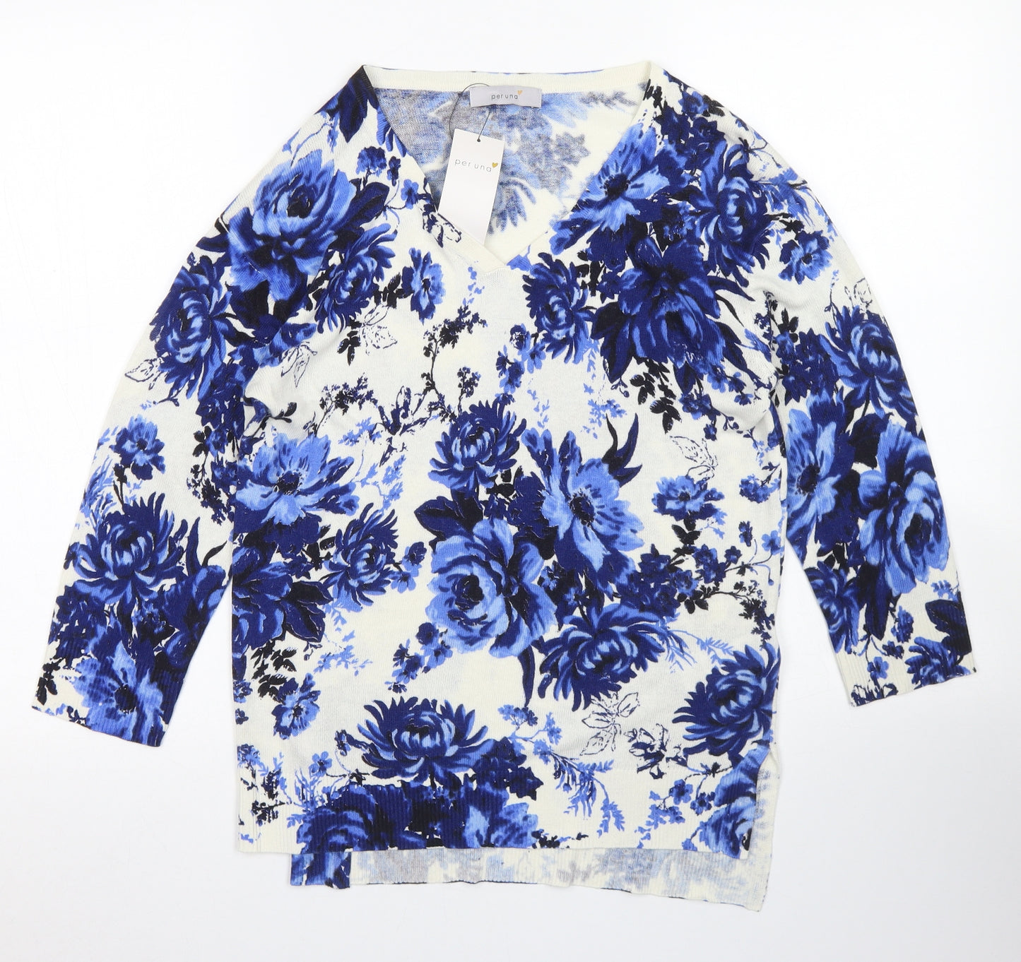 Per Una Womens White V-Neck Floral Viscose Pullover Jumper Size 8
