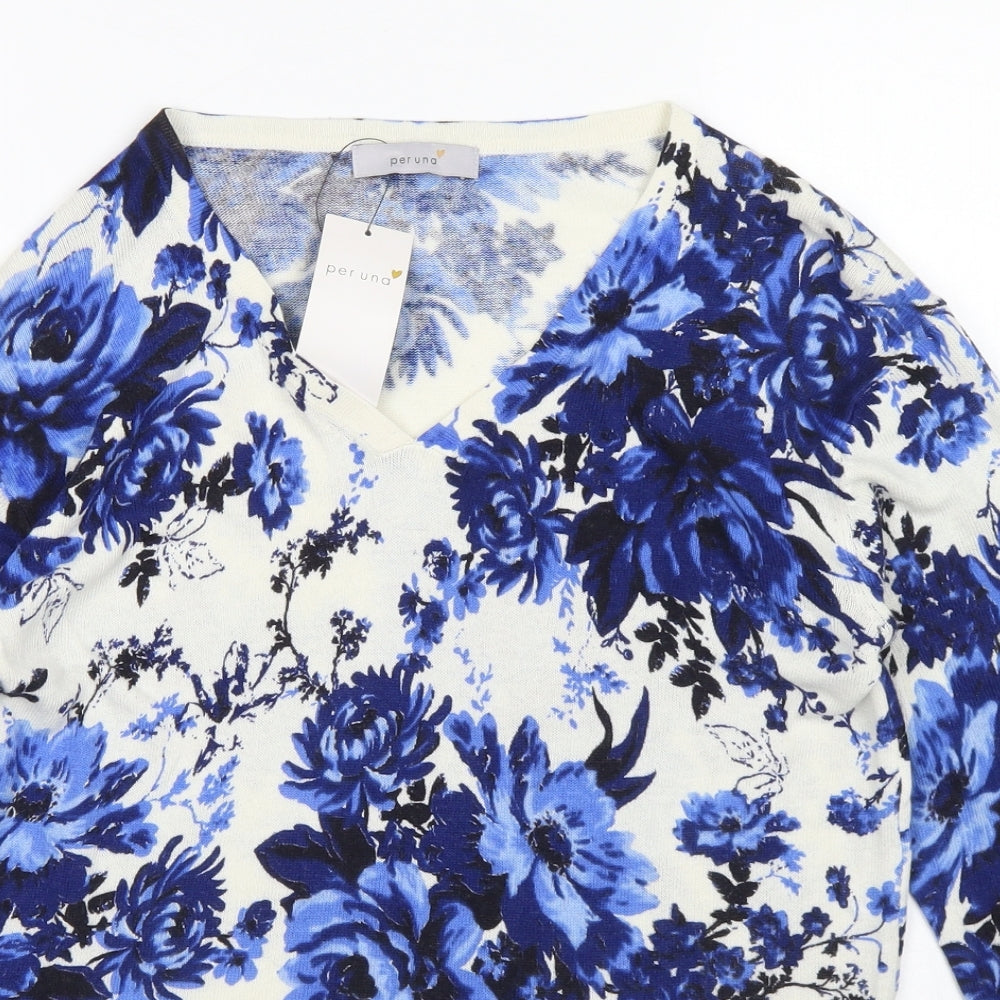 Per Una Womens White V-Neck Floral Viscose Pullover Jumper Size 8