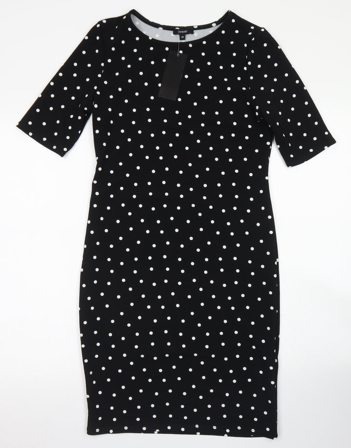 Forever Womens Black Polka Dot Polyester Pencil Dress  Size M  Crew Neck