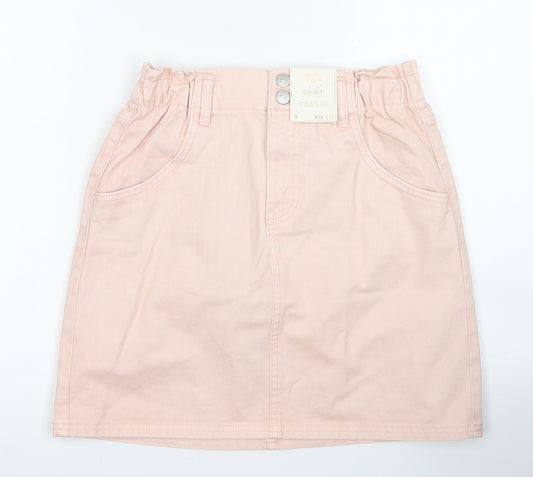 Front view of F&F women’s pink cotton a-line skirt, size UK 8, button - paper bag waist