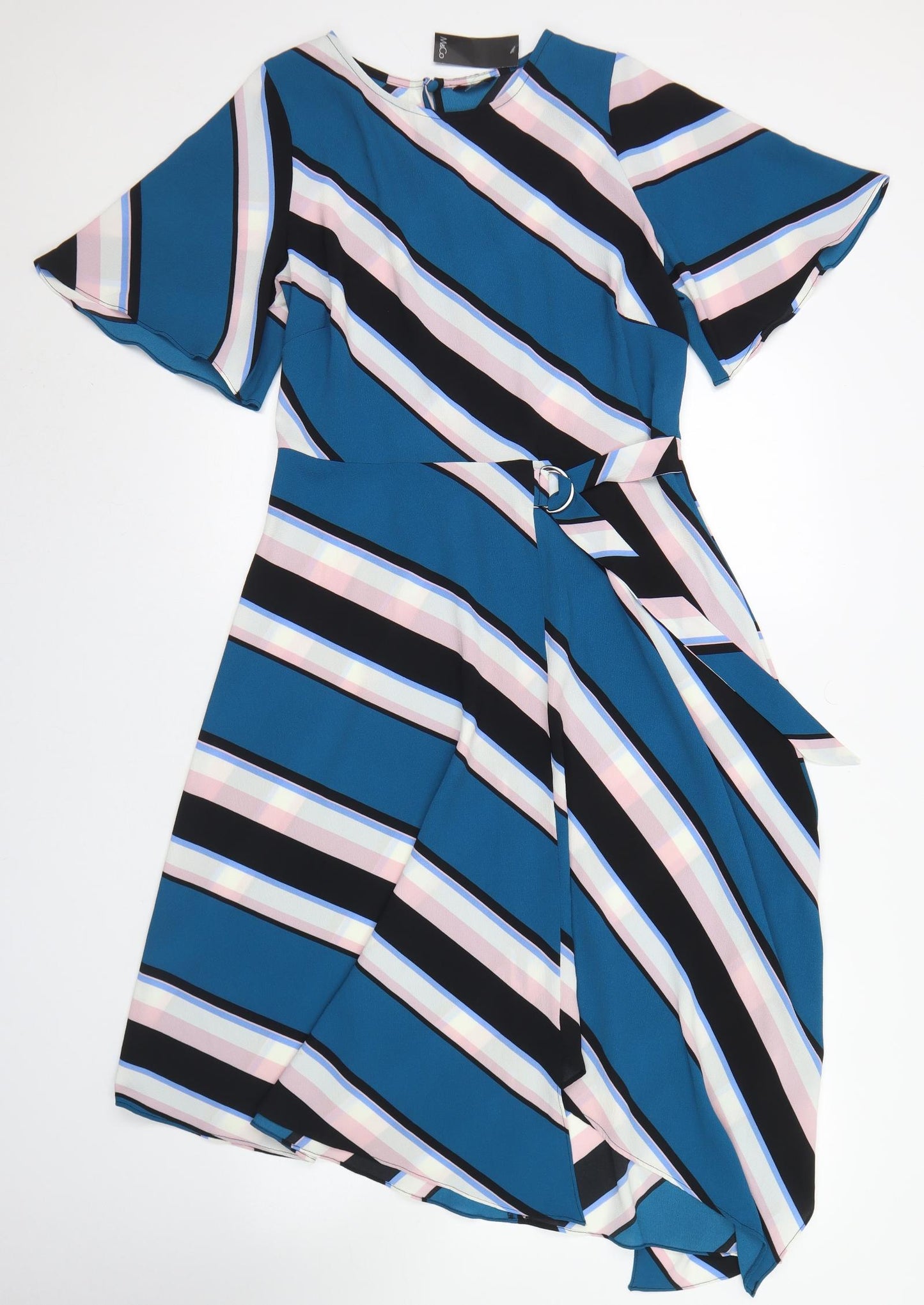 M&Co Womens Blue Striped Polyester Trapeze & Swing  Size 12  Round Neck Button