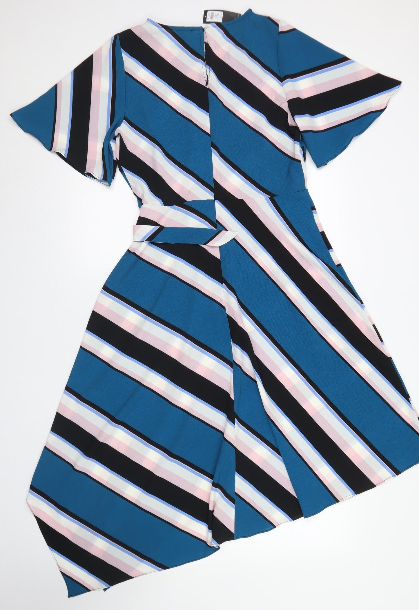 M&Co Womens Blue Striped Polyester Trapeze & Swing  Size 12  Round Neck Button
