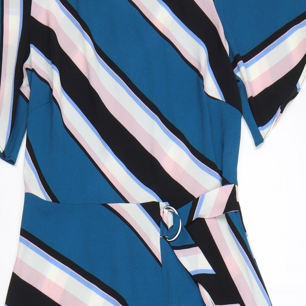 M&Co Womens Blue Striped Polyester Trapeze & Swing  Size 12  Round Neck Button