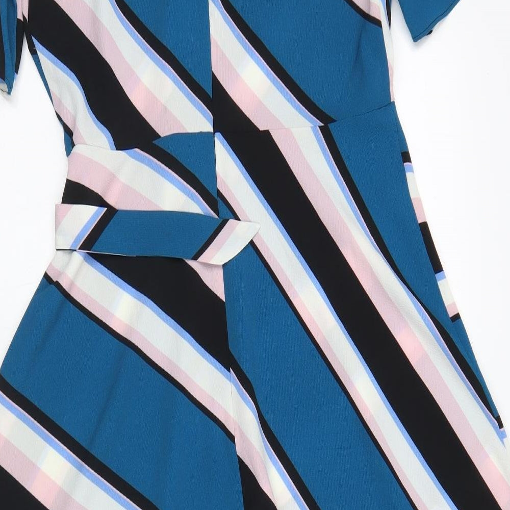 M&Co Womens Blue Striped Polyester Trapeze & Swing  Size 12  Round Neck Button