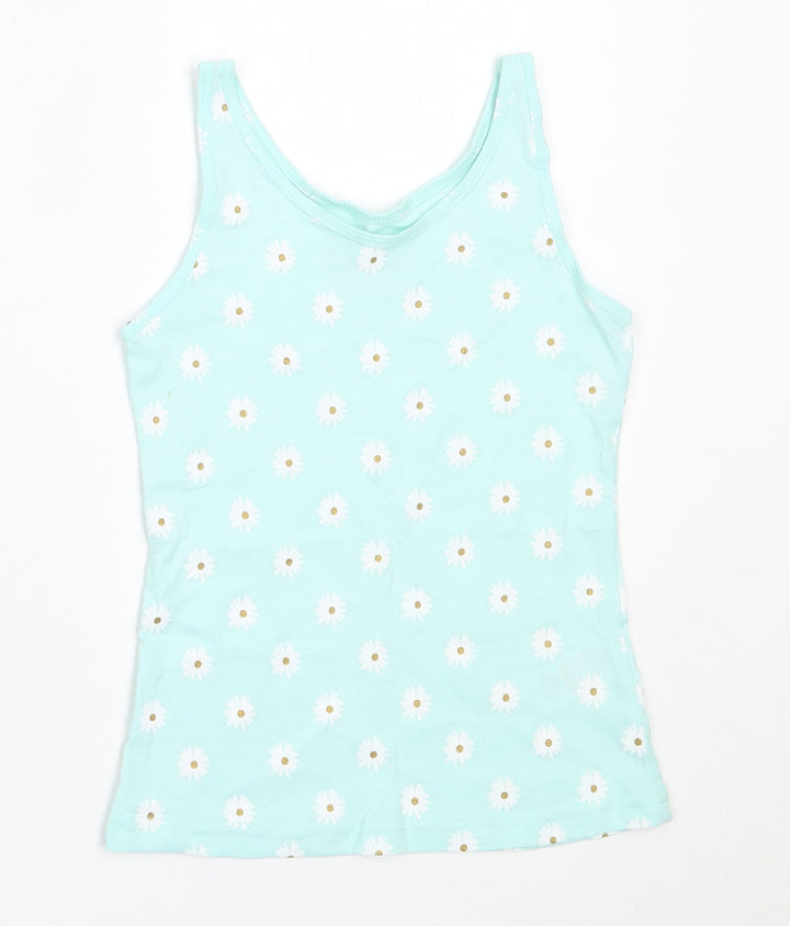 Primark Girls Blue Floral Cotton Basic Tank Size 5-6 Years Round Neck