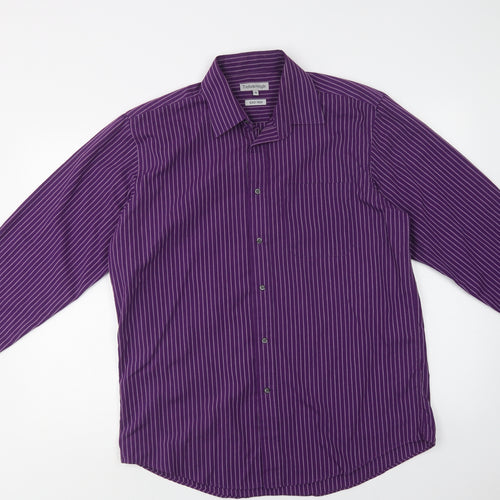 Matalan Mens Purple Striped Polyester  Dress Shirt Size 16 Collared Button