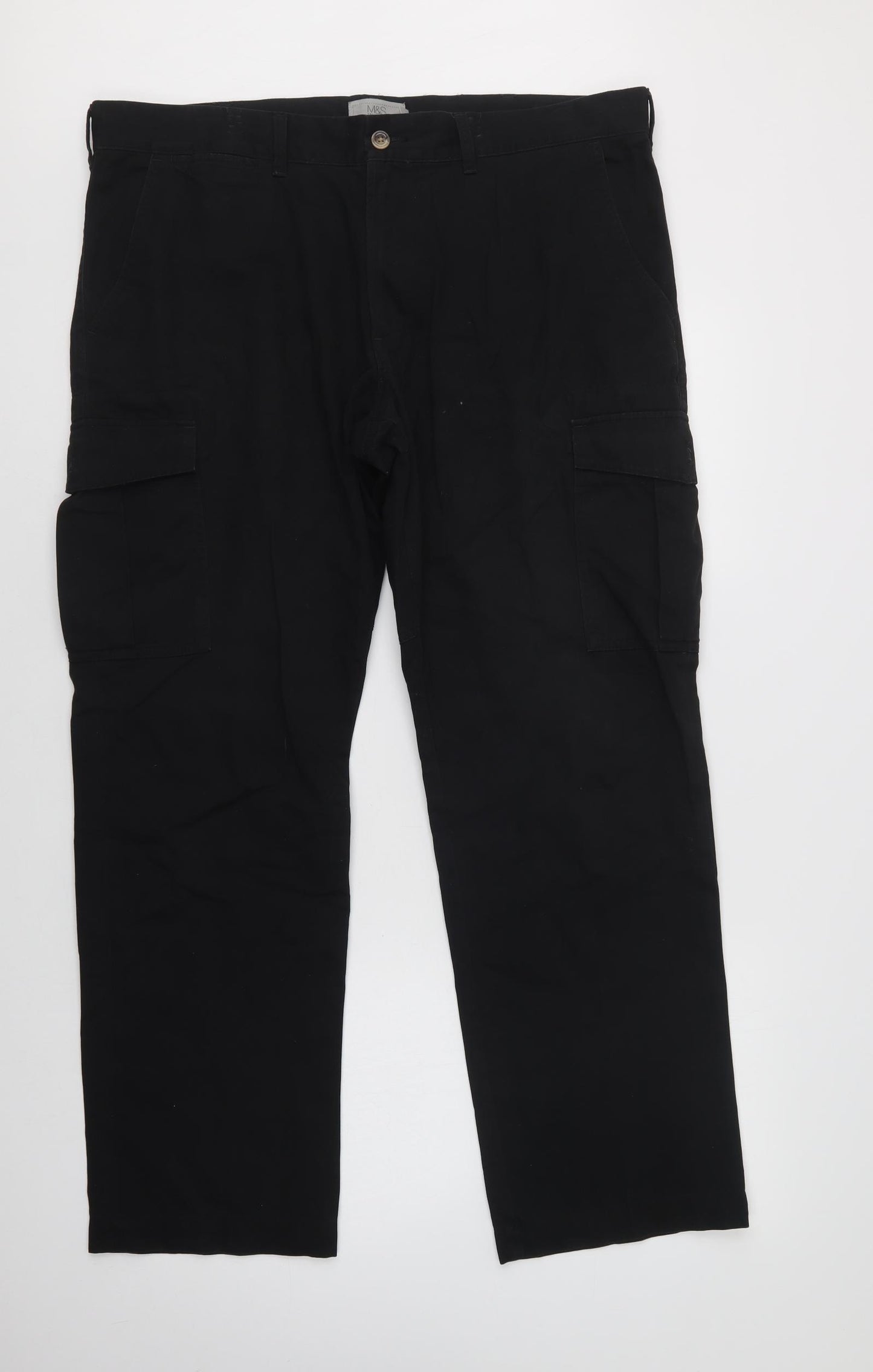 M&S Mens Black  Cotton Cargo Trousers Size 38 L31 in Regular Button