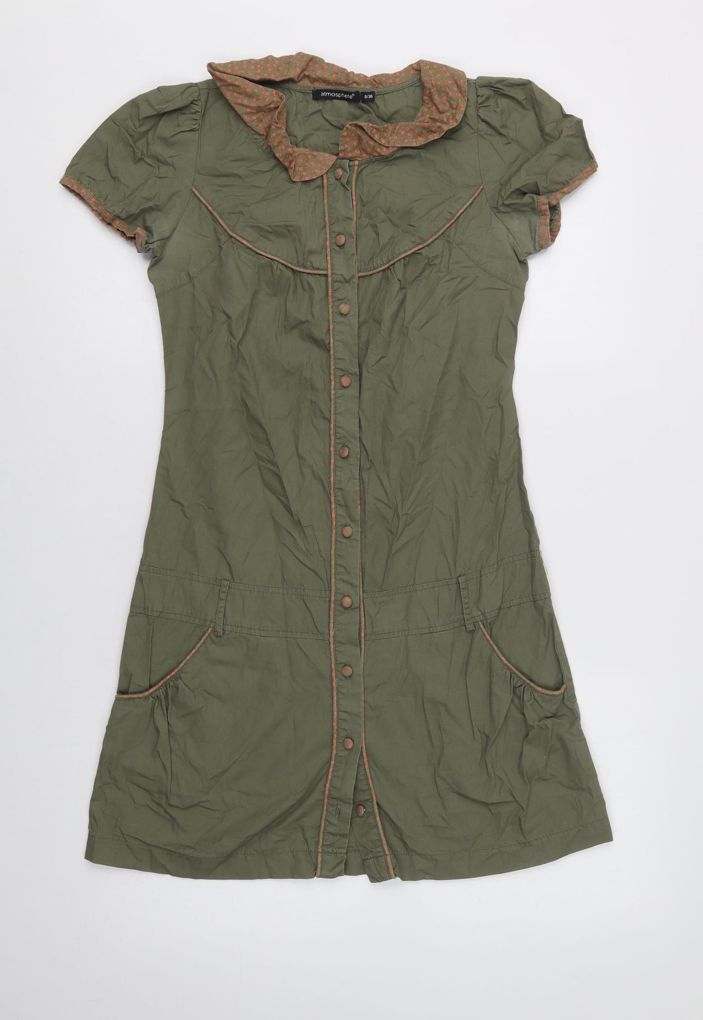 Primark Womens Green  Cotton Shirt Dress  Size 8  Collared Button
