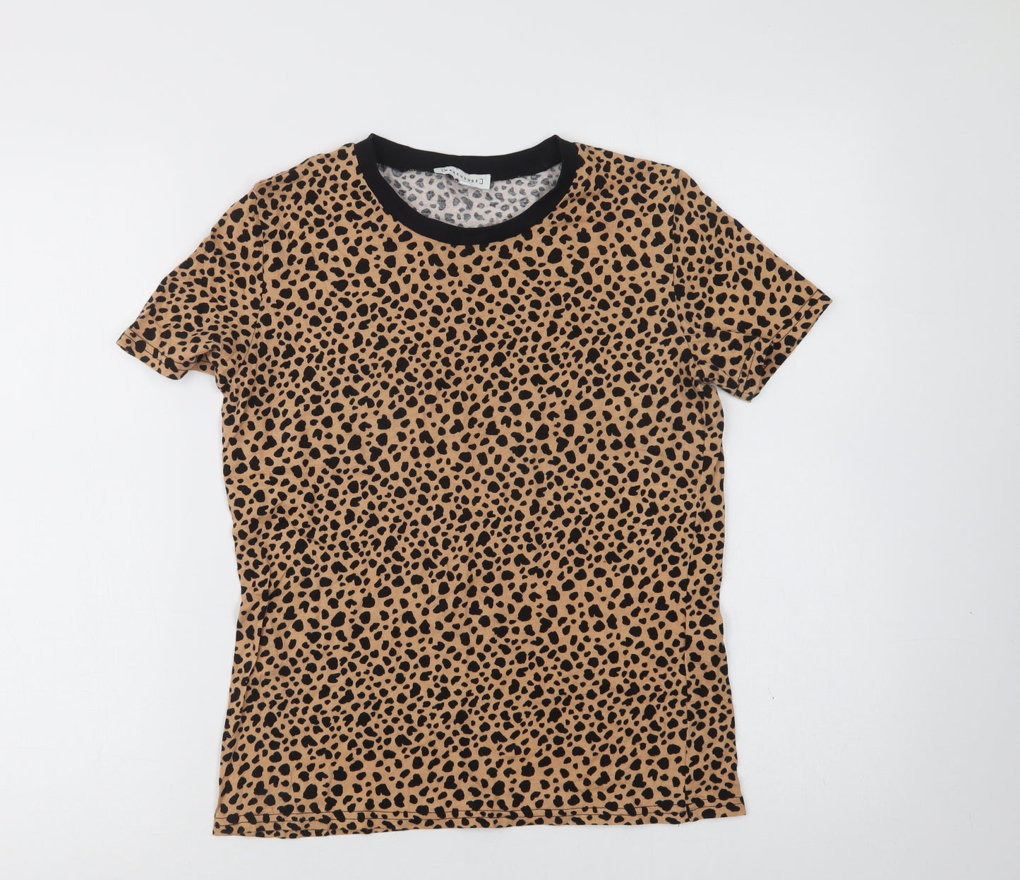 Warehouse Womens Brown Animal Print Cotton Basic T-Shirt Size 8 Crew Neck