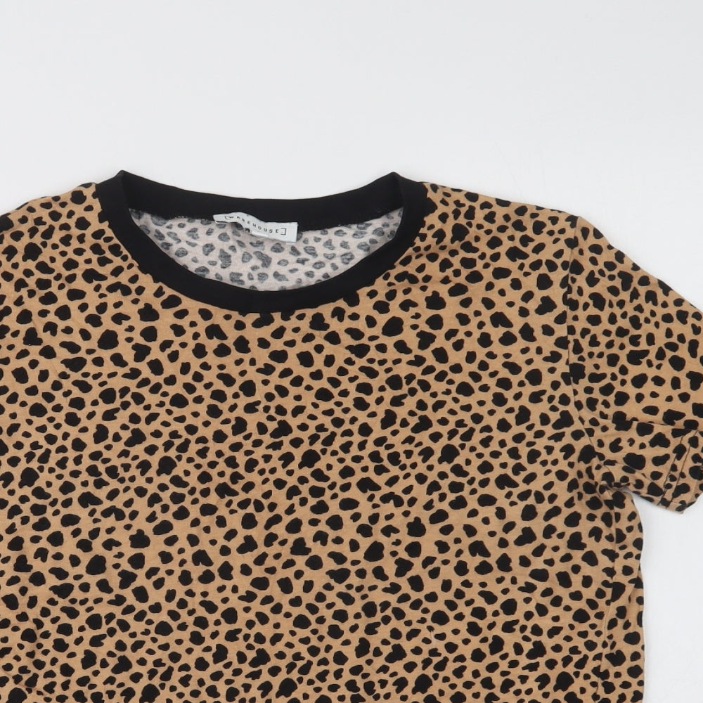 Warehouse Womens Brown Animal Print Cotton Basic T-Shirt Size 8 Crew Neck